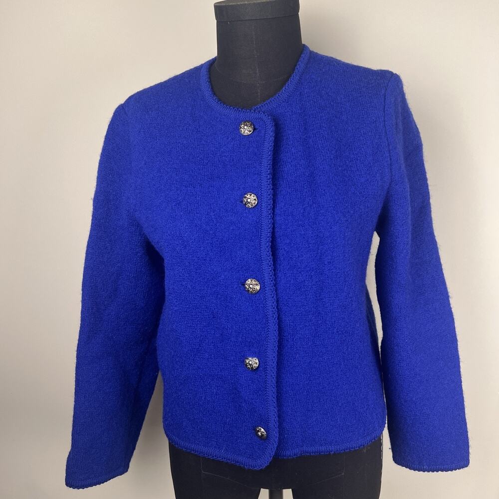 Carroll Rees 100 % Wool Cardigan Jacket Total Blue Silver Buttons Sz 12